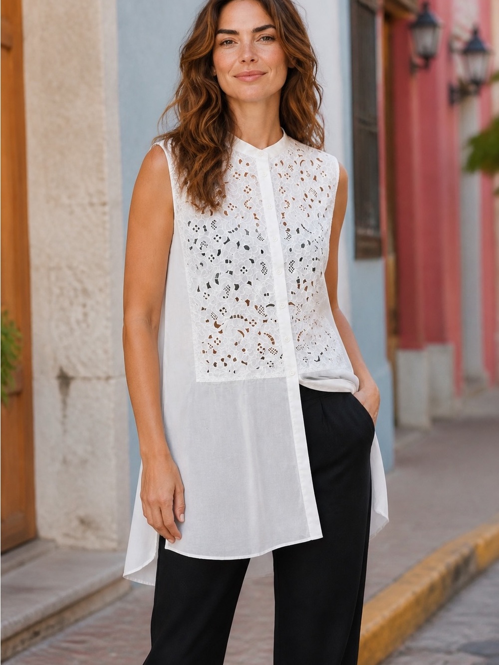 Lafayette 148 New York Sleeveless White Eyelet Tunic